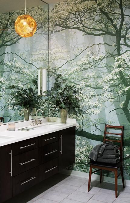 beautiful wall mural in small bathroom