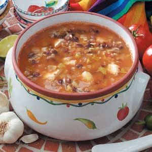 Black Bean Soup.  Add browned ground beef to “beef up” this soup.