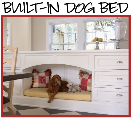 Built in dog/cat bed. Awesome idea for pet lovers, would be great in a mud room