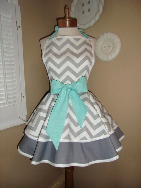 Chevron Print Accented with Aqua Blue Womans Retro Apron With Tiered Skirt And B