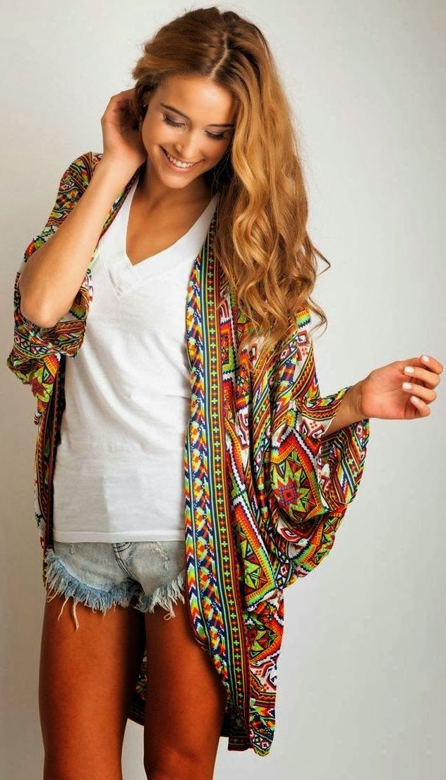 Colorful oversized cardigan with white and denim