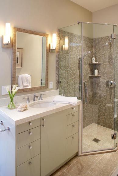 Corner shower = good use of small space. Also adds value to the home! Will remem