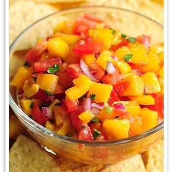 Delightful peach salsa… totally making this for cinco de Mayo :)