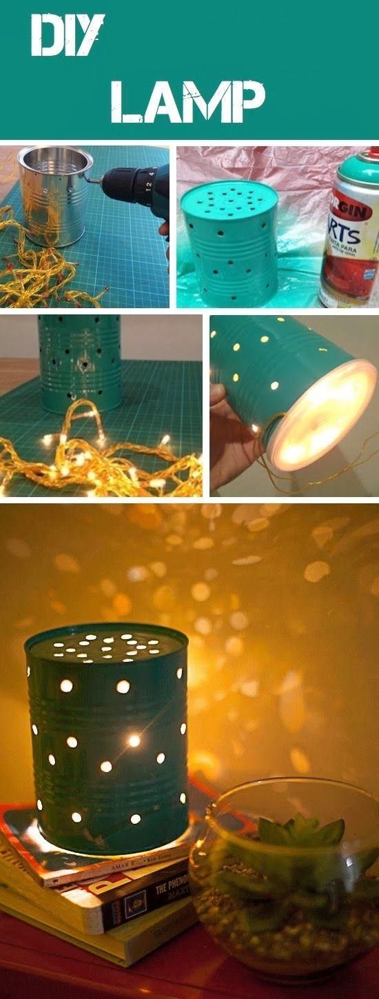 DIY Can Lamp. I think the bottom is covered with a yogurt lid? And filled with a