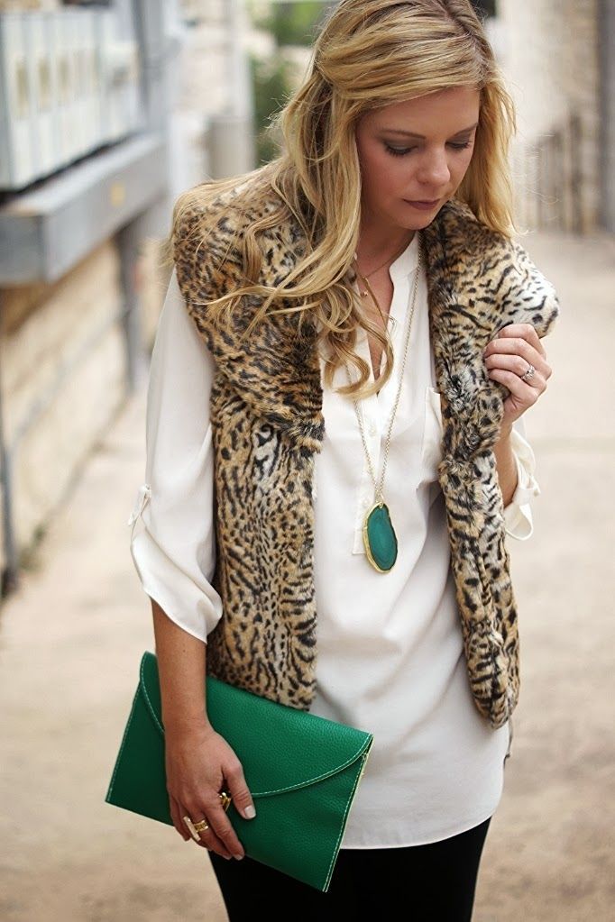Drapey blouse + Leopard Fur vest + touch of emerald