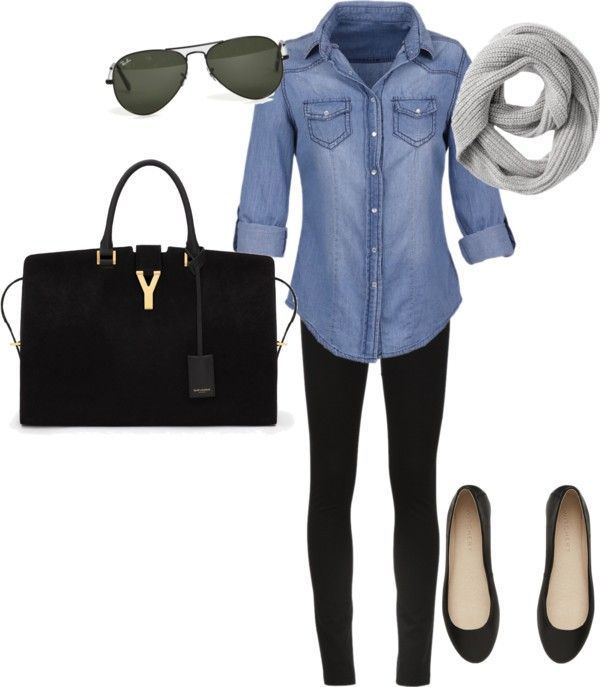 Fall – Cute casual: Jean shirt/black leggings or black skinny jeans/flats/black