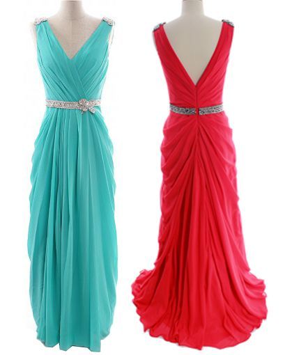 Floor length chiffon silhouette with wide V-neckline and beaded applique detaile