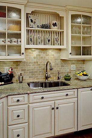 Granite, back splash subway tile, and cabinet color ideas for kitchen renovation