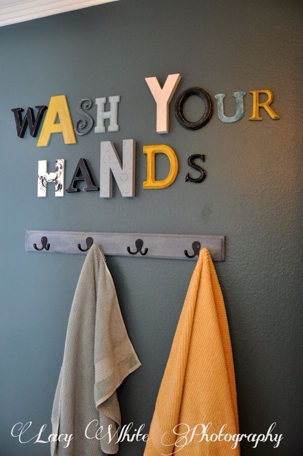 Great and simple idea for bathroom walls. Other wording ideas: Wash Up / Get Nak