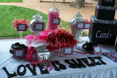 Hot pink and black wedding candy buffet.