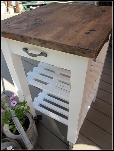 Ikea kitchen cart.  Painted white, fixtures, added, and top distressed & stained