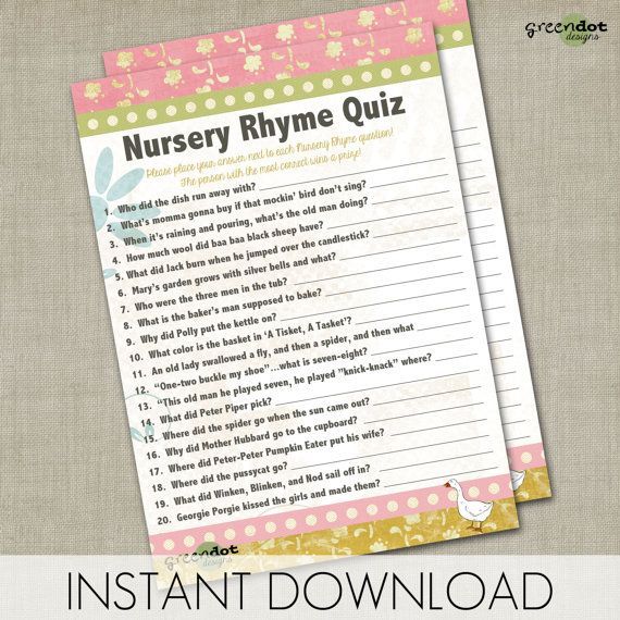 INSTANT DOWNLOAD nursery rhyme quiz, baby shower game, printable, game card, pin