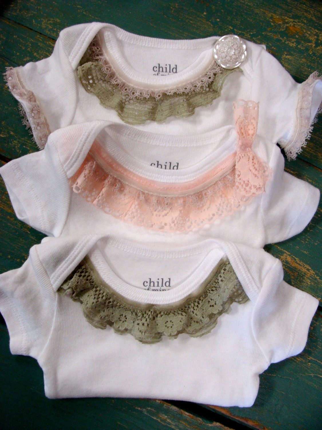 Lace Trim Onesie – Green and Pink Vintage Lace – Trendy Baby Girl – Perfect Baby