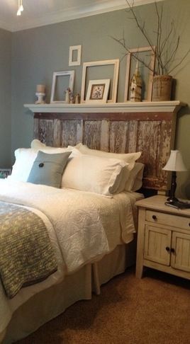Love the headboard with the mantel/shelf overhang ~ shelf over the bed in Califo