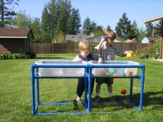 Make your own- PVC Piping sensory water table.  What a great, low-cost idea for