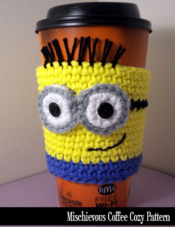 Mischievous Minon Coffee Cozy – crochet pattern. 2 eyes, 1 eye… make one for e
