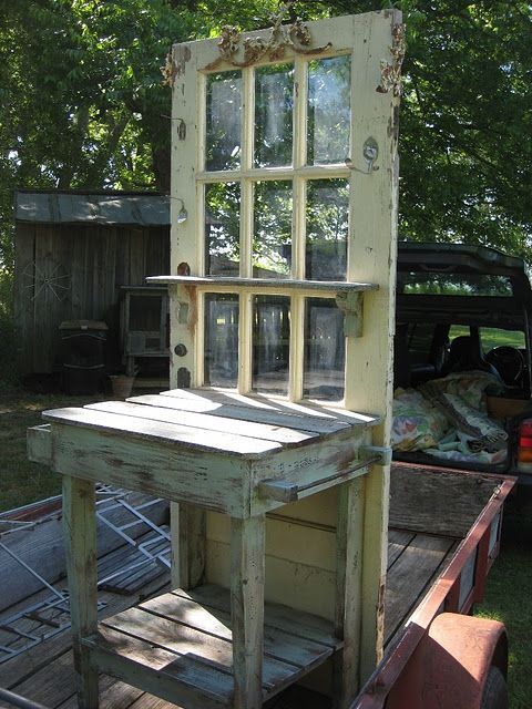 New Takes On Old Doors: Salvaged Doors Repurposed potting bench for gardeners DI