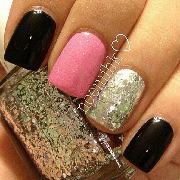 pink, silver glitter, and black nails. how about this with red, black and glitte