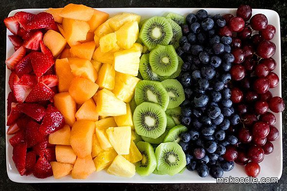 Rainbow Fruit Tray.  Wash and cut up fruit in advance and store each kind in its