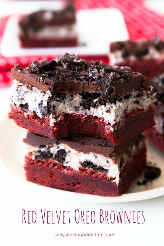 Rich, decadent red velvet brownies layered with Oreo frosting and chocolate gana