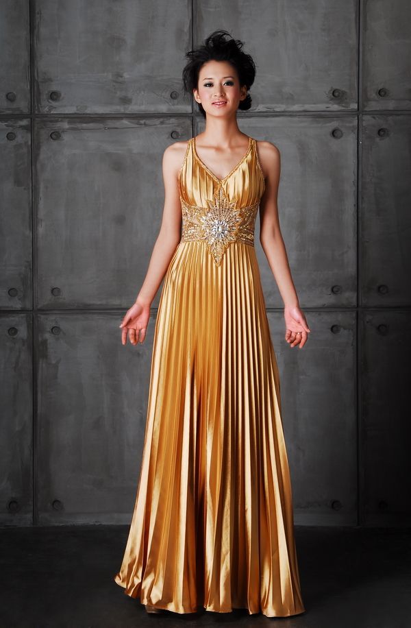 Semi-Sheer Back With Exquisite Hand Beading Pleated Floor Length Elastic Satin D