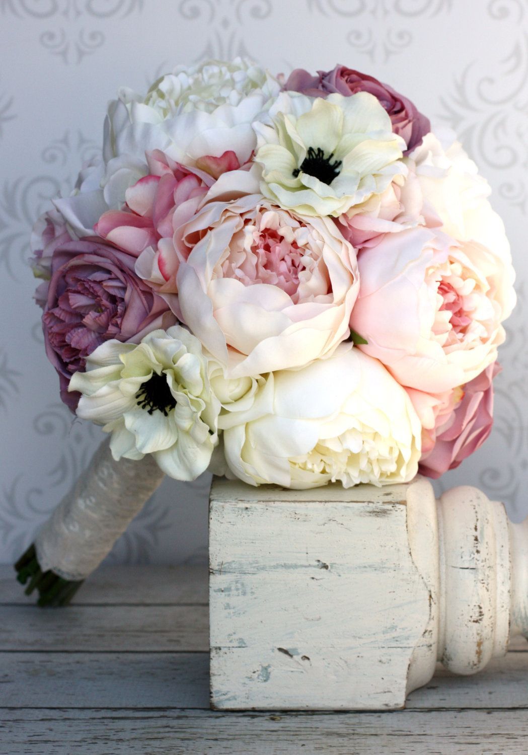 Silk Bride Bouquet Peony Flowers Pink Cream Purple Shabby Chic Wedding Decor. $9