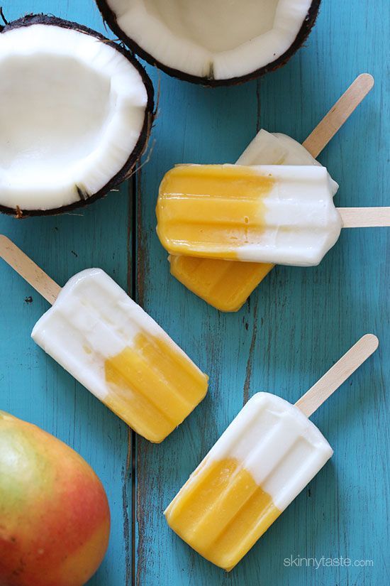 Simply Obsessed Frozen Coconut Mango Pops  I just blended mango, coconut milk, a