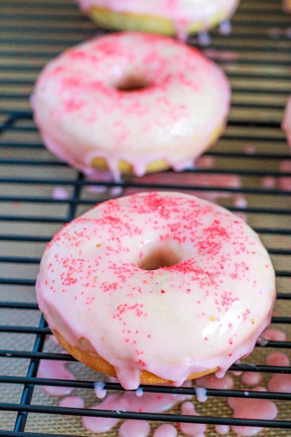 Strawberry Frosted Donuts – baked vanilla donuts with strawberry frosting.