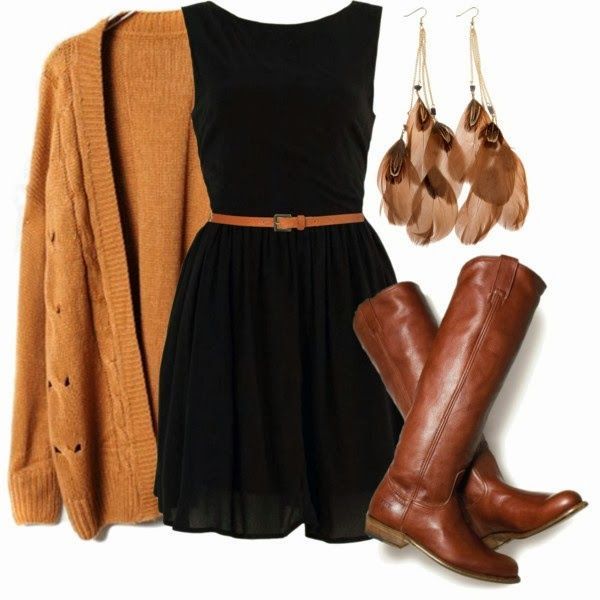 This black dress with the brown riding boots and the oversized burgundy sweater