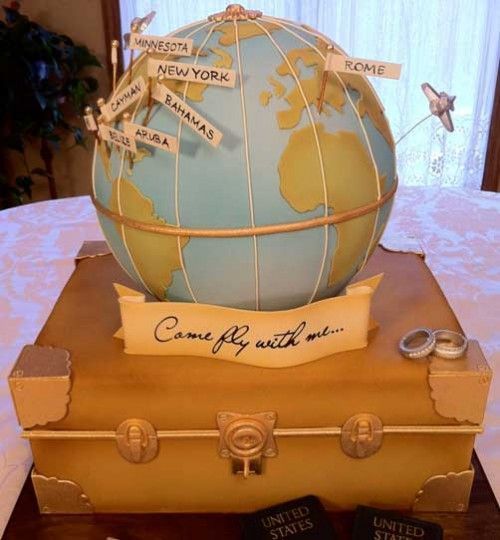 what a crazy awesome wedding cake for a travel themed wedding