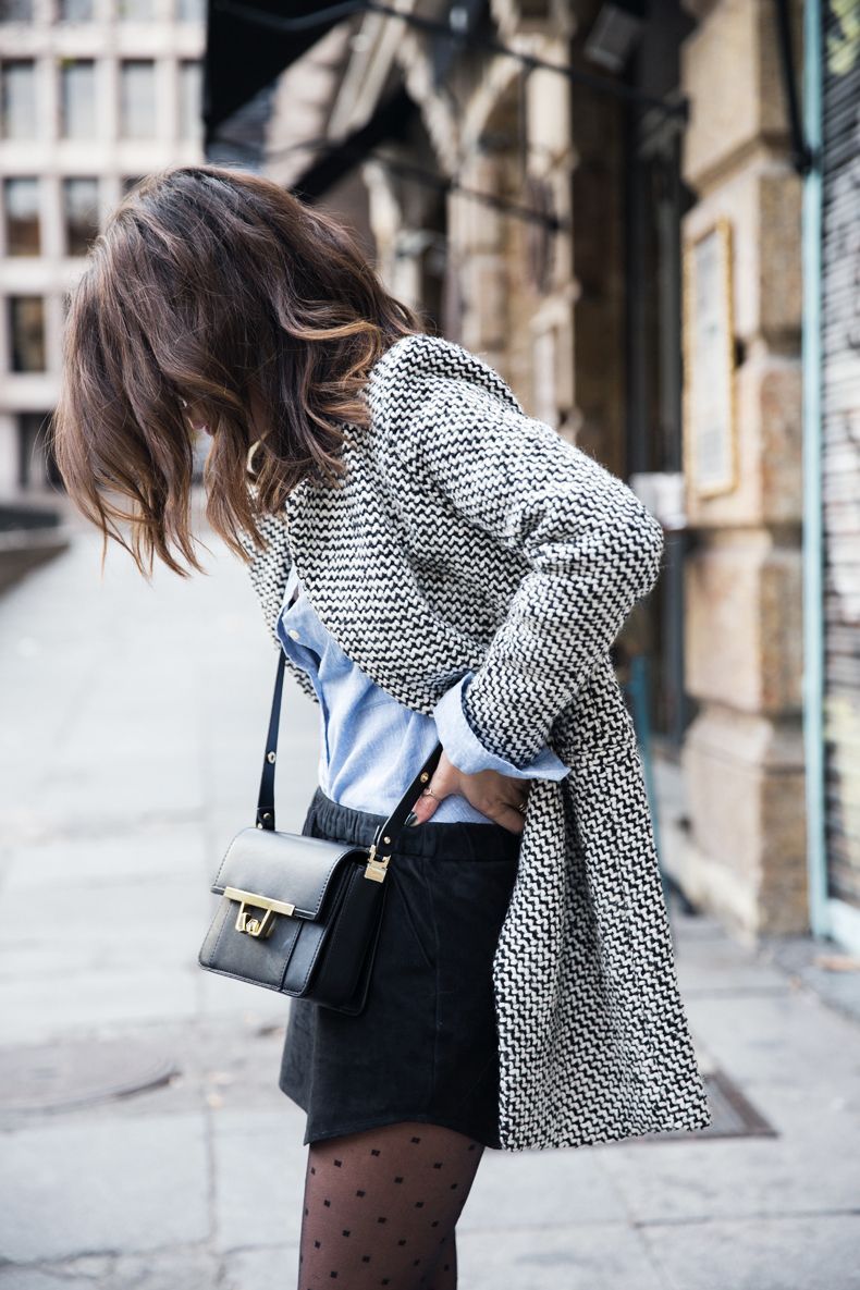 woolen coat + classic button down + swiss dot tights