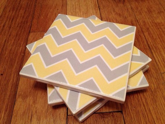 Yellow and grey chevron coasters by GoodiesbyGinger on Etsy
