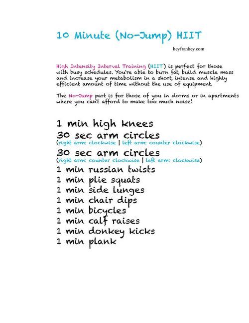 10 minute (no jump) HIIT (do it 3 times in a row or 2-3 times throughout the day