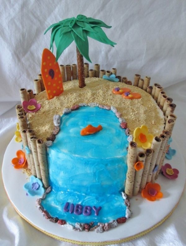 Beach Theme Cake from Cake Central. A smaller version would be cute for the cake