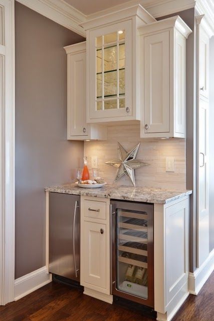 beverage bar for a small space.  -Same idea but make it a beverage and snack bar