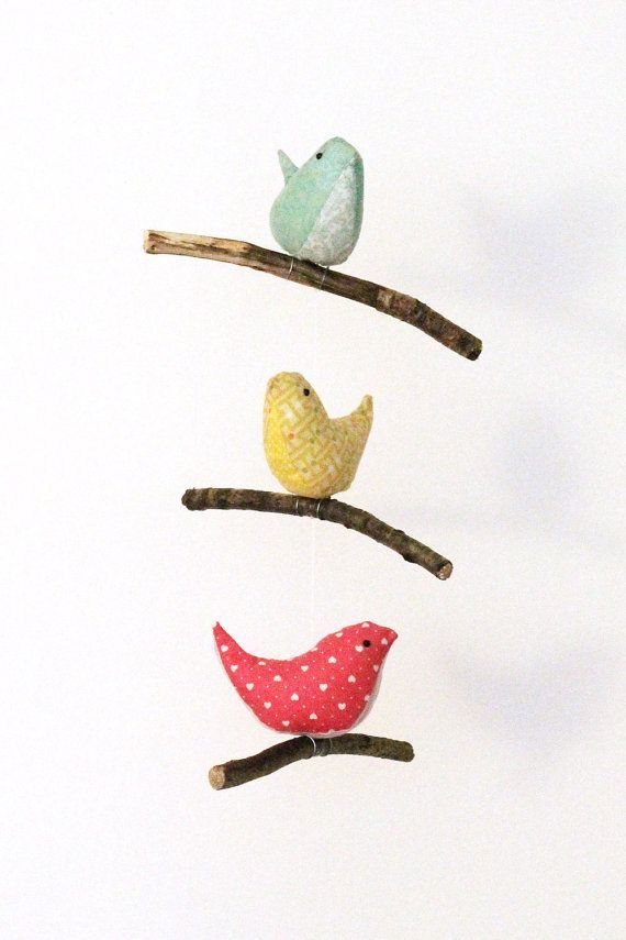Bird Hanging Mobile – Baby Nursery Decor – 3 Handmade Birds in Teal, Yellow and