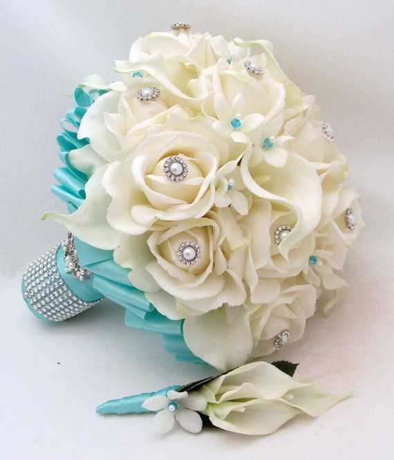 Bridal Bouquet Stephanotis Roses Calla Lily Tiffany Blue Ribbon with coordinatin
