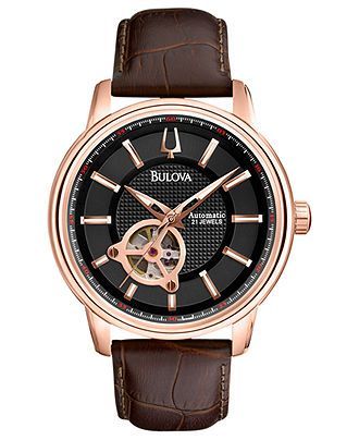Bulova Watch, Mens Automatic Mechanical Brown Leather Strap 45mm 97A109 – Mens W