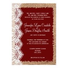 Burlap and Lace Print Maroon Wedding Invitations – Rustic Country Wedding Invita