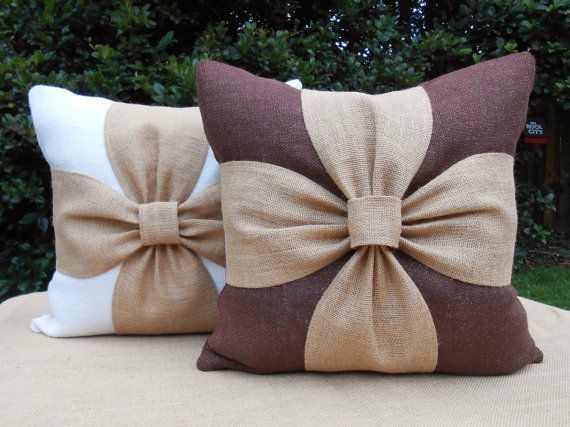 Burlap bow pillow cover in white or brown and natural burlap 18×18
