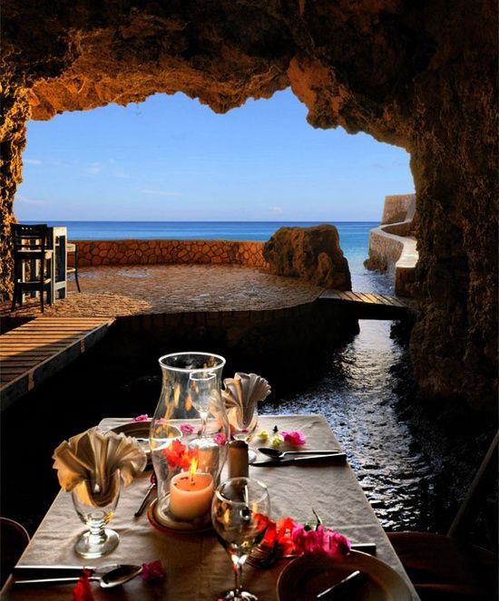 Cave restaurant, Negril, Jamaica. Negril is a small (population 3,000) but widel