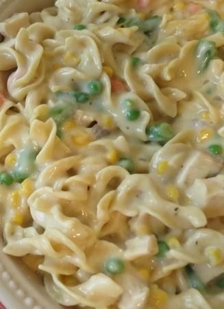 Chicken Noodle Casserole|   Note: Uses cream of chicken and cream of mushroom co