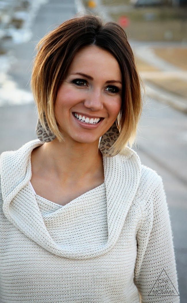 Cream sweater and leopard print earrings. Love this short ombre hair