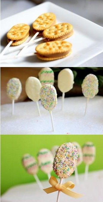 Easy Easter Cookie Pops: Buttery Crackers (like Ritz) Peanut Butter White Chocol