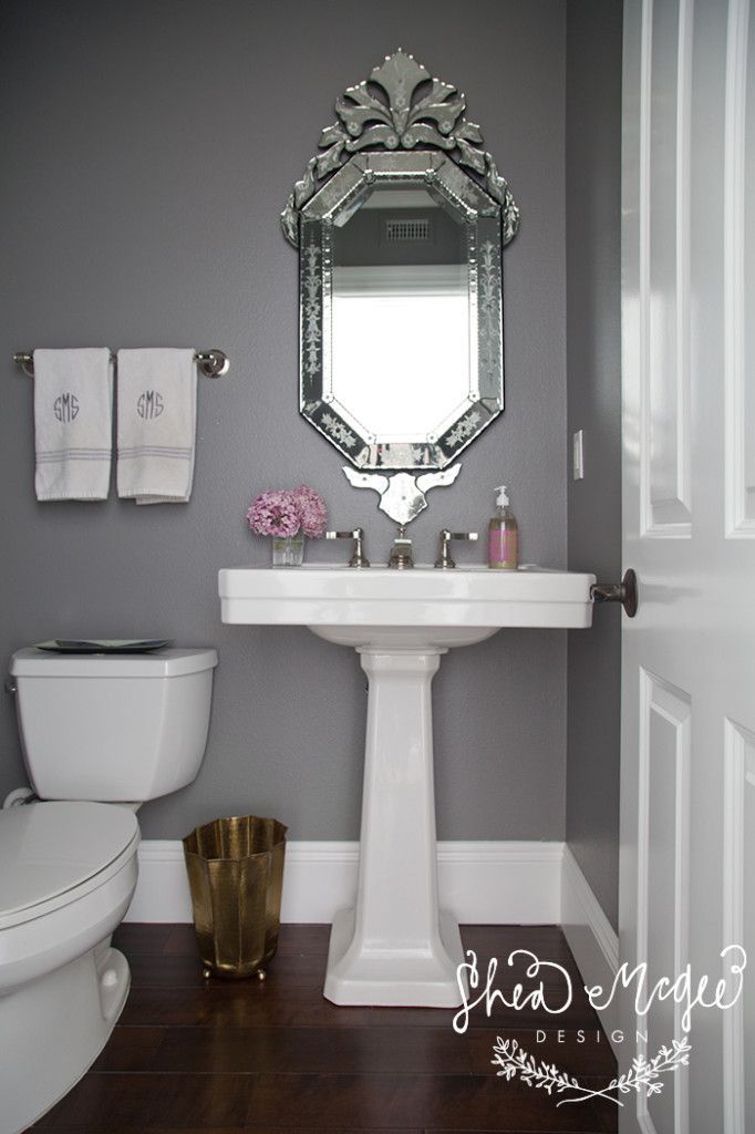 Gray Walls + Venetian Mirror in the Powder Room || Shea McGee Design || Photo by