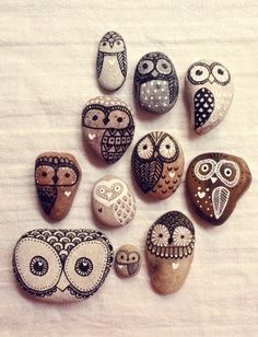 Hand Painted Rock Owl would be cool to glue them in a shadow box and hang on the