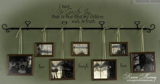 I like this alternative to just hanging pics on the wall… very pretty and fewe