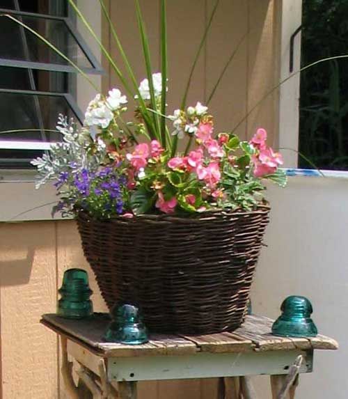i love using baskets for outdoor potted plants. its natural looking and you can