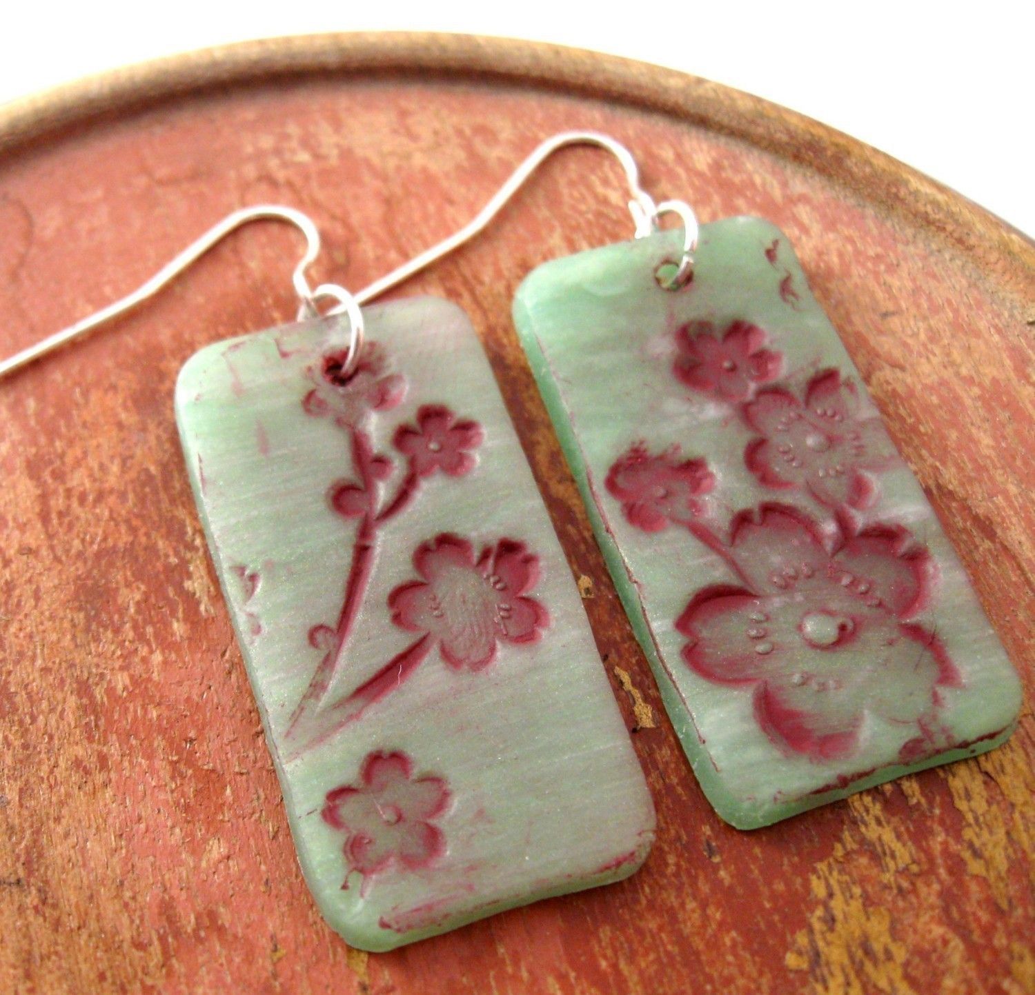 Jade earrings Asian style burgundy floral, handmade jade jewelry by theshagbag o