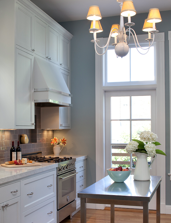 kitchens – white kitchen cabinets marble countertops gray subway tiles backsplas
